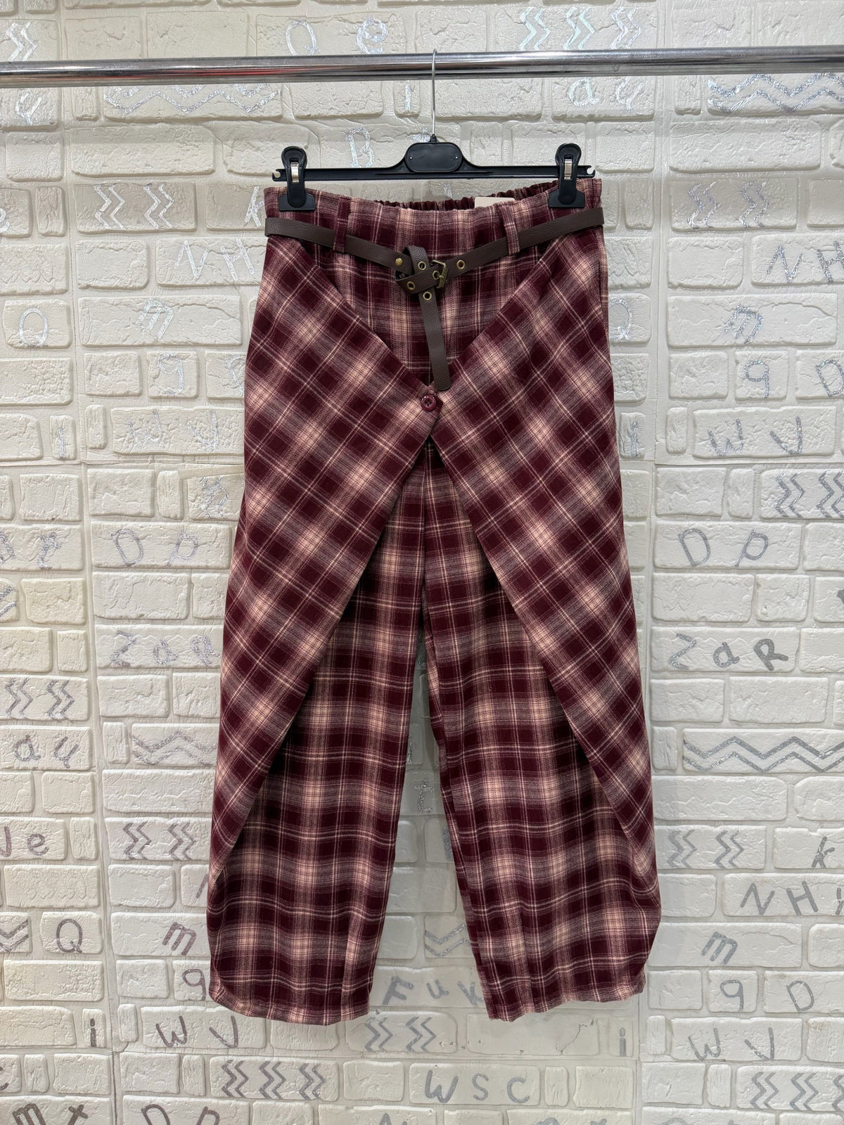 Pantalone Donna Scozzese con Cintura e Dettaglio Incrociato - Taglia Unica