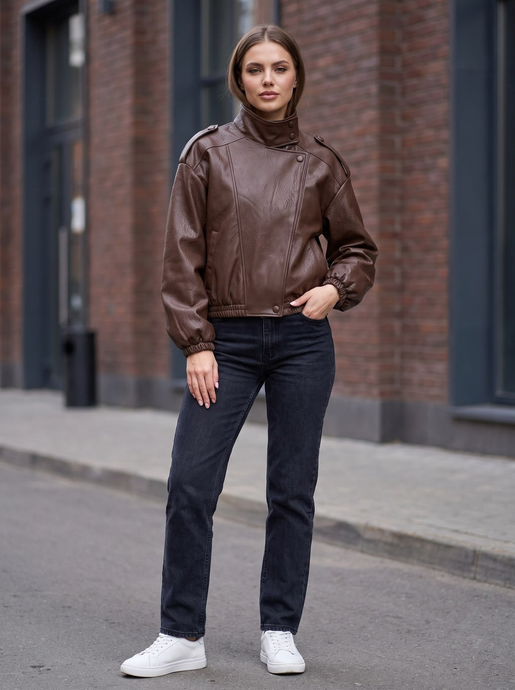 Giacca Donna in Ecopelle con Collo Alto e Vestibilità Oversize