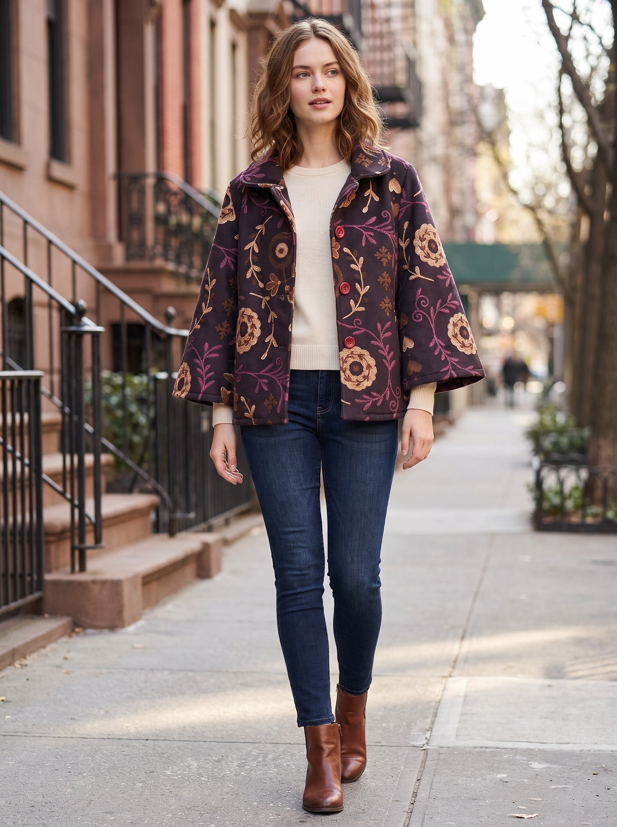 Cappotto corto fantasia floreale – taglia unica, stile boho chic