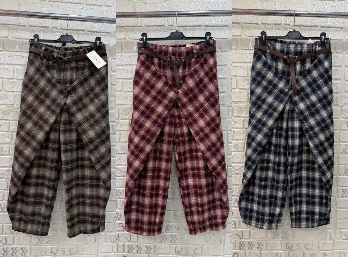 Pantalone Donna Scozzese con Cintura e Dettaglio Incrociato - Taglia Unica