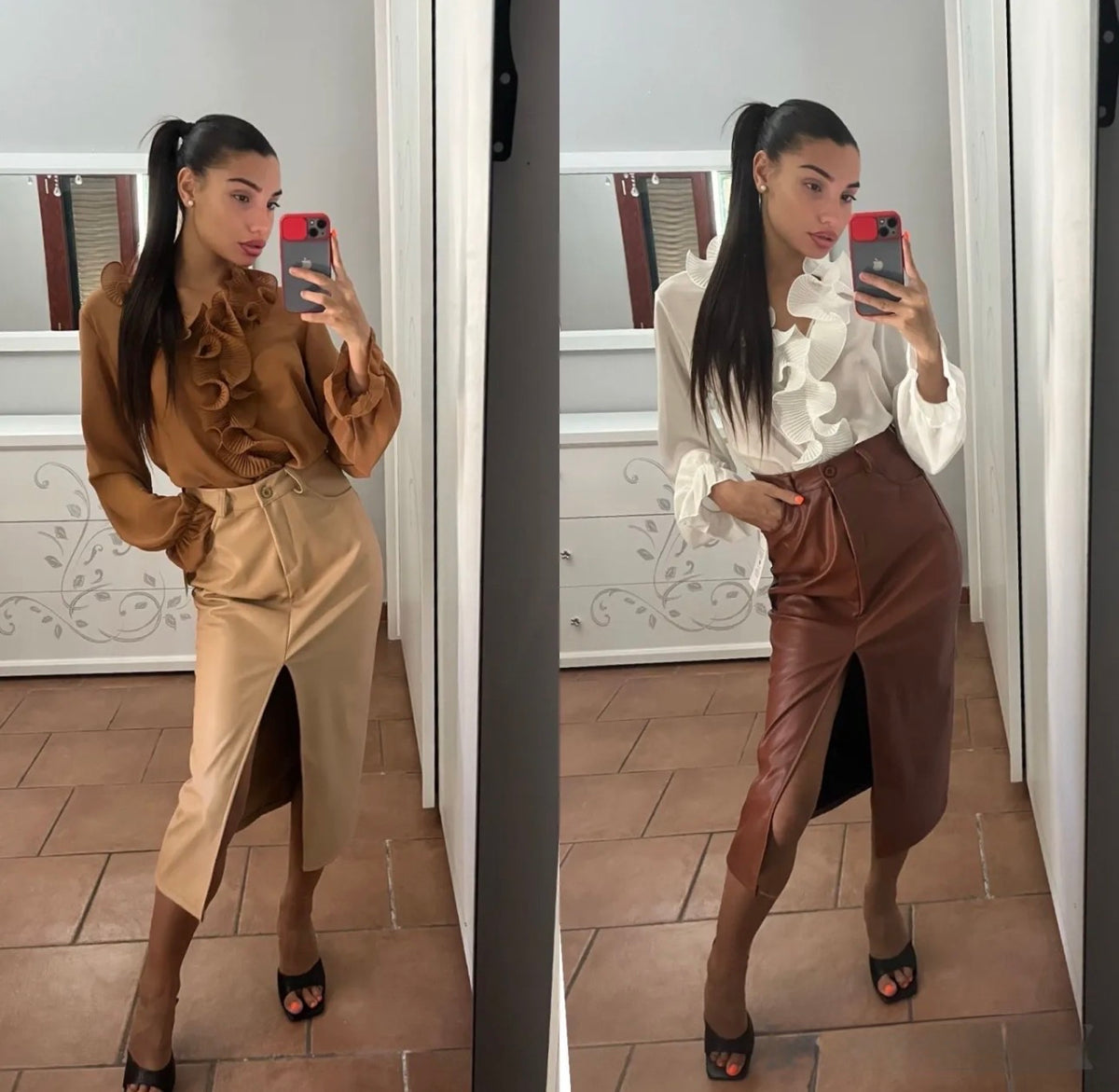Gonna Midi Donna in Ecopelle con Tasche - Taglia Unica