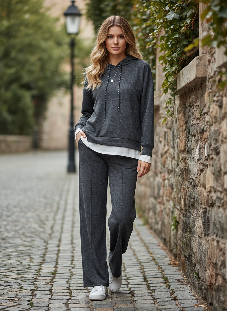 Coordinato Donna Felpa con Cappuccio e Pantalone Palazzo - Taglia Unica