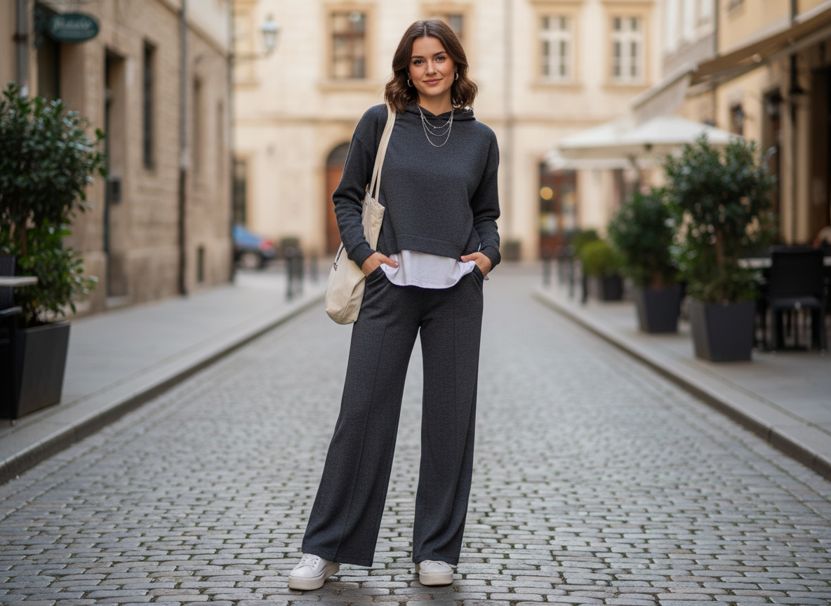Coordinato Donna Felpa con Cappuccio e Pantalone Palazzo - Taglia Unica