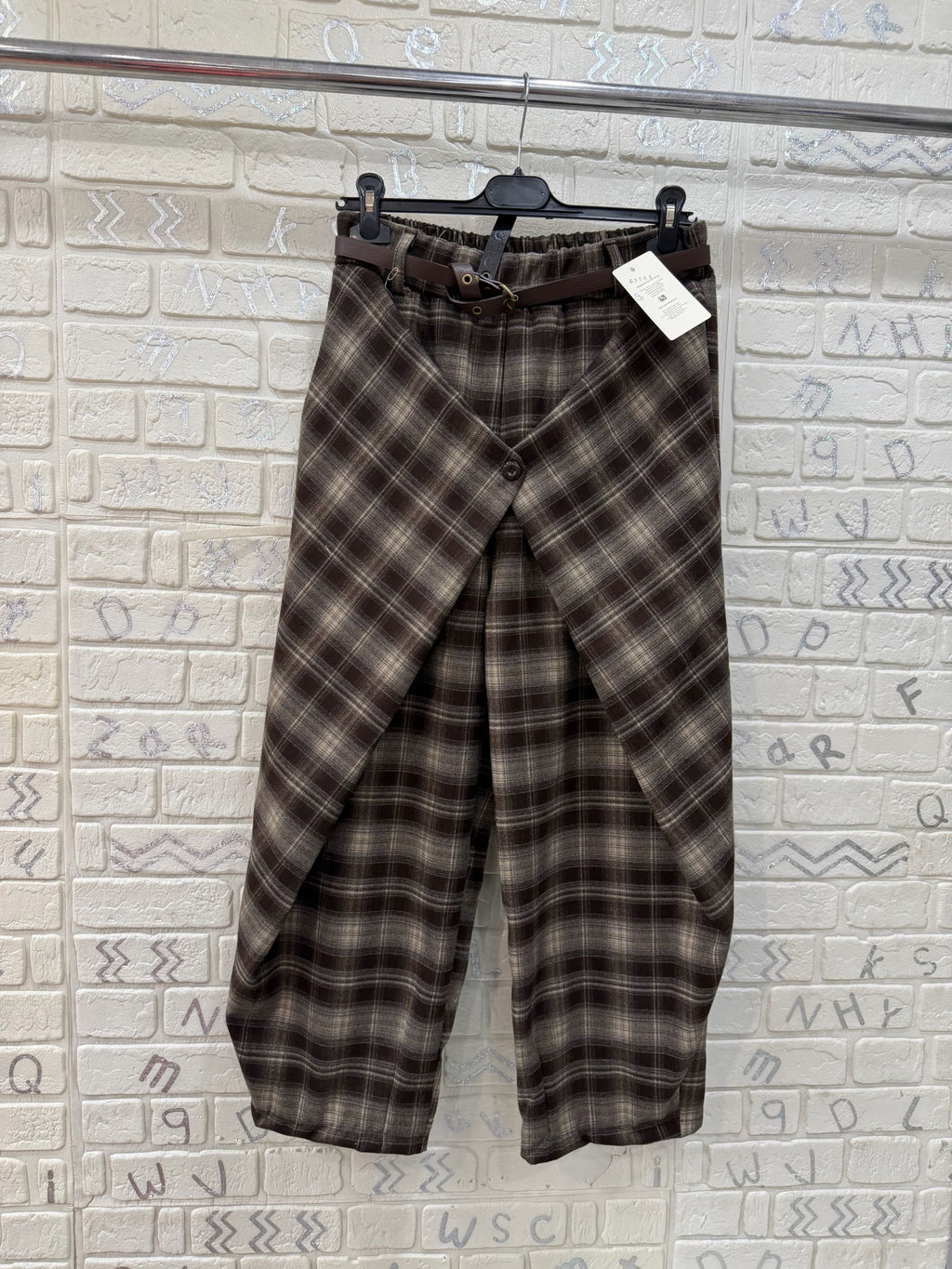 Pantalone Donna Scozzese con Cintura e Dettaglio Incrociato - Taglia Unica