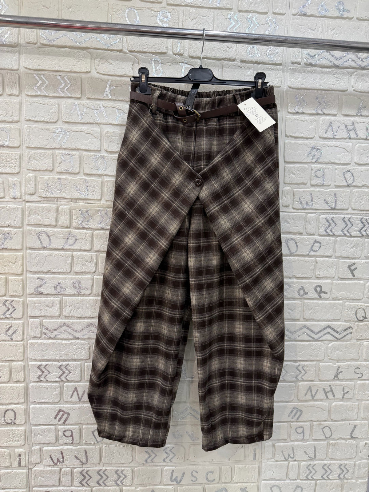 Pantalone Donna Scozzese con Cintura e Dettaglio Incrociato - Taglia Unica