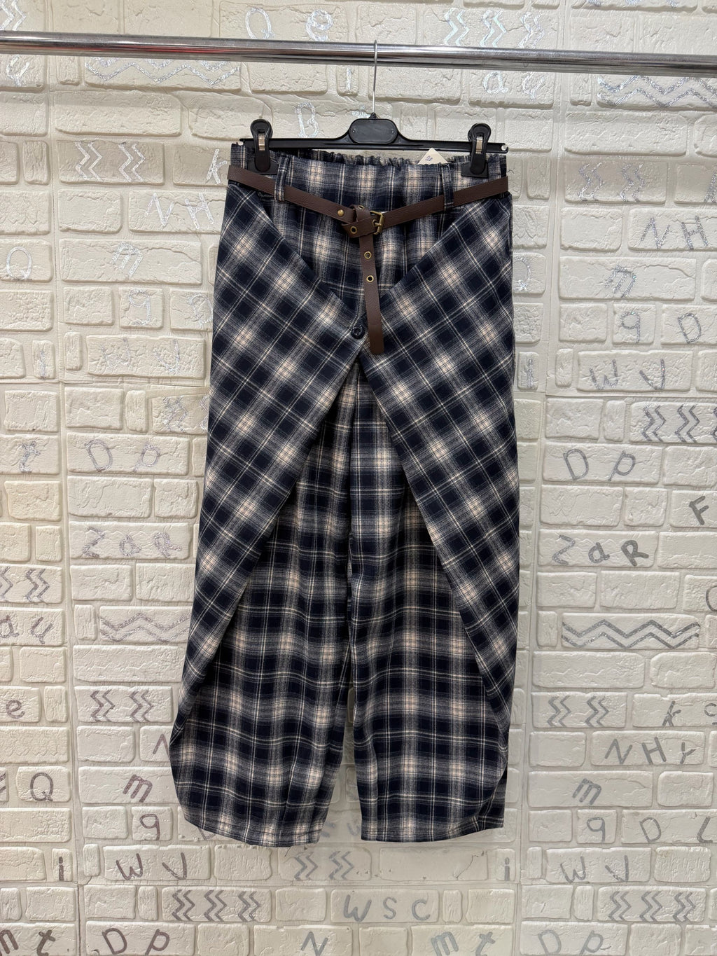 Pantalone Donna Scozzese con Cintura e Dettaglio Incrociato - Taglia Unica