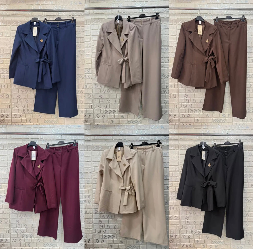 Completo Donna Elegante Blazer con Fiocco e Pantalone Palazzo - Taglia Unica