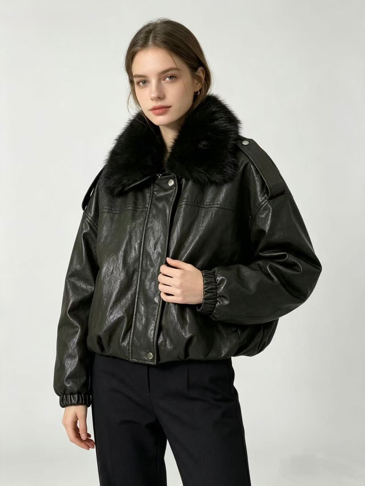 Giacca Donna in Ecopelle con Collo in Ecopelliccia - Taglia Unica
