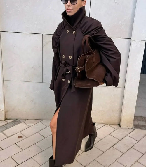 Cappotto Lungo Donna Elegante con Maniche Voluminose e Cintura - Taglia Unica