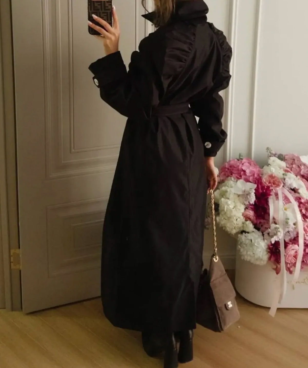 Cappotto Lungo Donna Elegante con Maniche Voluminose e Cintura - Taglia Unica