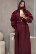 Cappotto Lungo Donna Elegante con Maniche Voluminose e Cintura - Taglia Unica