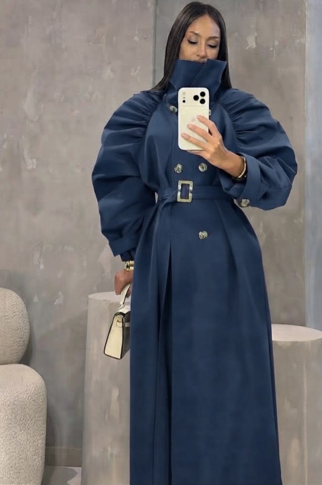 Cappotto Lungo Donna Elegante con Maniche Voluminose e Cintura - Taglia Unica