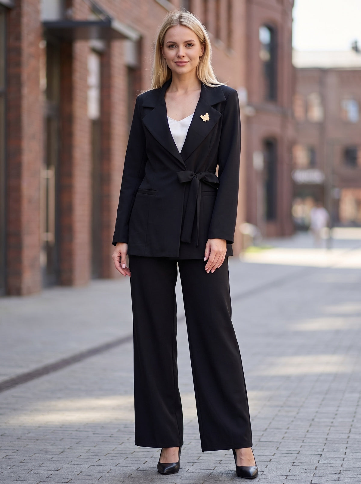 Completo Donna Elegante Blazer con Fiocco e Pantalone Palazzo - Taglia Unica