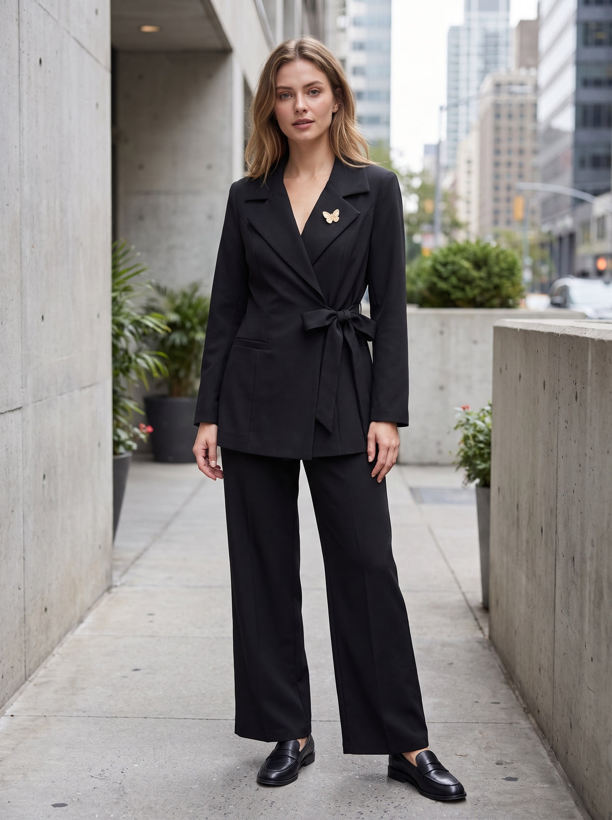 Completo Donna Elegante Blazer con Fiocco e Pantalone Palazzo - Taglia Unica