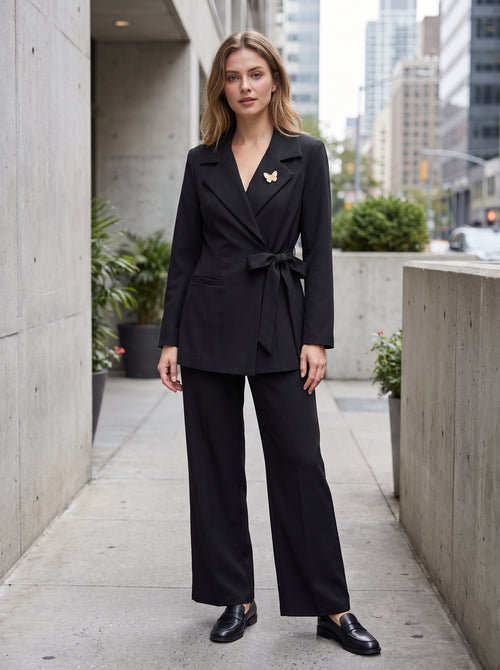 Completo Donna Elegante Blazer con Fiocco e Pantalone Palazzo - Taglia Unica