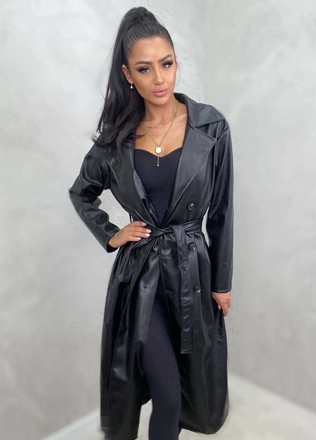 Trench Donna Lungo in Ecopelle con Cintura - Taglia Unica
