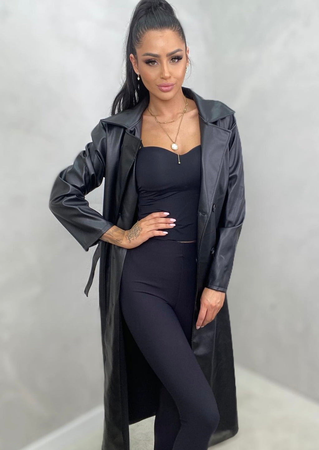 Trench Donna Lungo in Ecopelle con Cintura - Taglia Unica